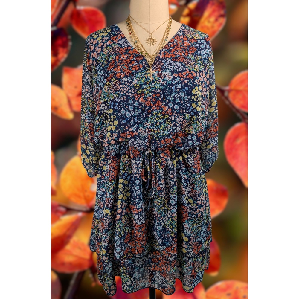 2X Ditsy Floral Chiffon Tiered Dress Navy Blue V-Neck Plus 3/4 Sleeve